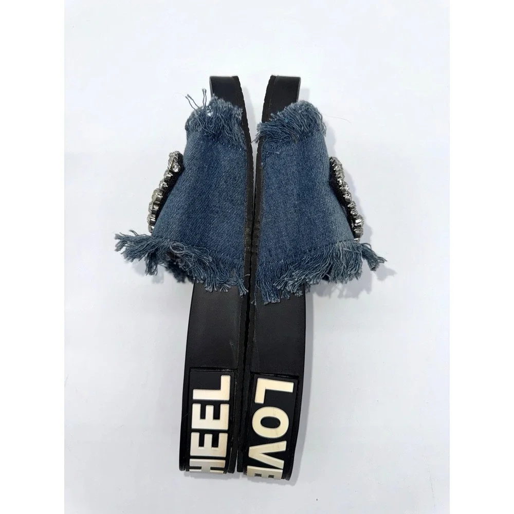 Evil Eye Crystals Rhinestones Beads Blue‎ Denim Fringe Sandals Slides Sz 9